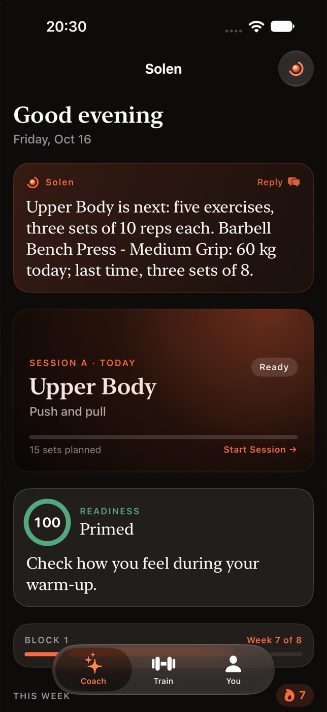 Solen showing today’s training and weekly plan.