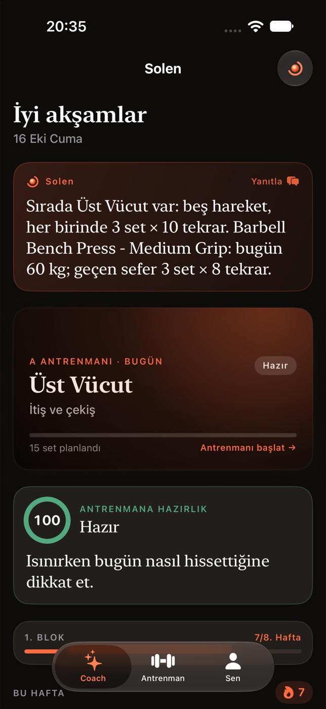 Solen’de bugünkü antrenmanı ve haftalık programı gösteren ekran.